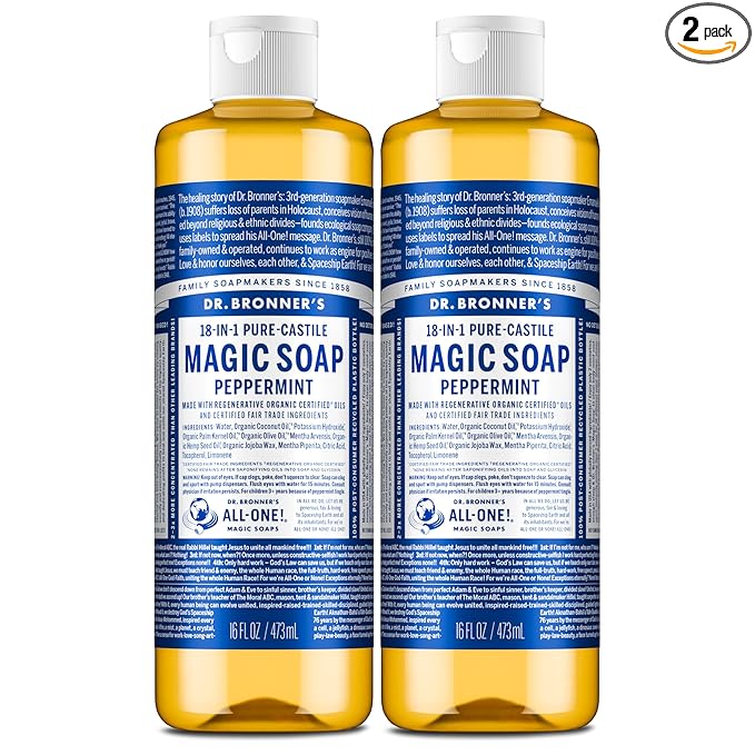 Dr. Bronner's Magic Soap-Pure-Castile Liquid Soap (Peppermint, 16 ounce, 2-Pack)-Regenerative Organic Certified Oils, 18-in-1 Uses: Body, Hair, Laundry, Pets & Dishes, Concentrated, Vegan, Non-GMO