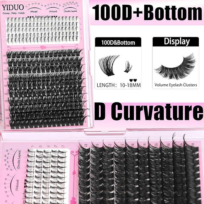 YIDUO 540Pcs Lashes Clusters Kit with Spikes+Bottom Eyelash 80D&100D Volume Clusters Lash Extension 10-18mm Wispy D Curvature Individual False Eyelashes Kit with Lash Bond and Seal, Dual Brow Pencil