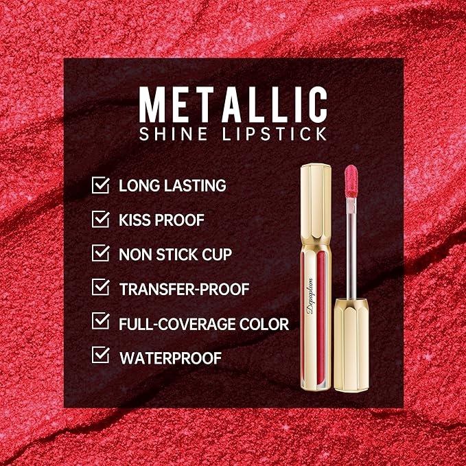 Depuplum Red Lipsticks for Women Metallic Lipstick Long Lasting Shimmer Lip Gloss Metal Shine Glitter Waterproof Lipsticks Full Coverage Lip Color for Mother's Day,DP105 Red Riot