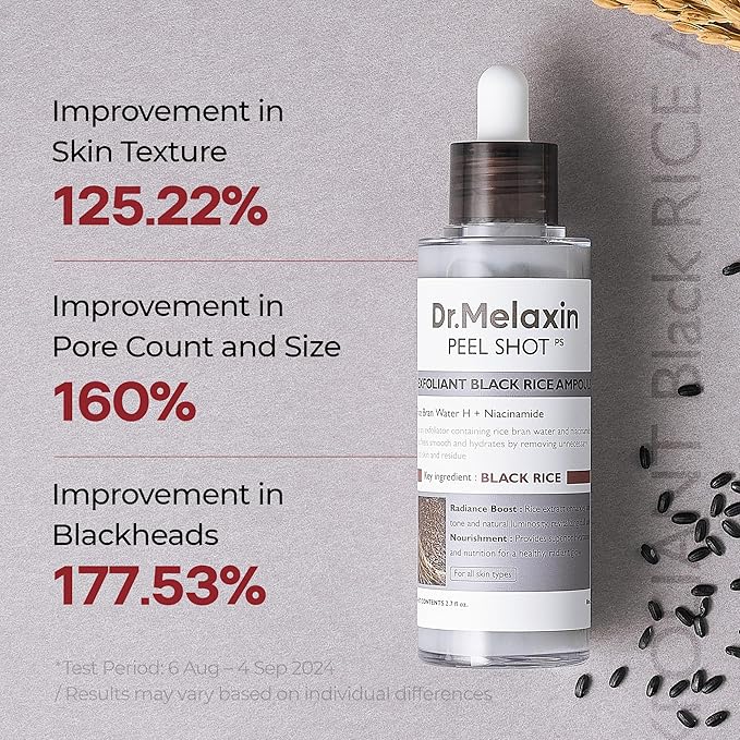 Dr.Melaxin Peel Shot Glow Black Rice Peeling Ampoule – AHA BHA Daily Chemical Exfoliant with Rice Water & Niacinamide, Glass Skin Texture for Dead Skin & Dull Complexion, Korean Skincare 2.7 fl.oz