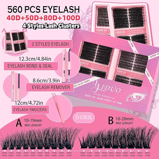 YIDUO Lash Clusters Kit 40D+50D+80D+100D Volume Left&Right Cat Eye Cluster Eyelash Extensions Kit 560pcs 10-20mm Wispy Individual Eyelash Extension with Lash Bond and Seal Removers Tweezers