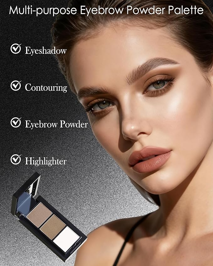 3 Color Eyebrow Powder Palette Kit, Gray Medium Brown & White Eye Brow Powder for Women, Long-Lasting Waterproof Tinted Brow Filler, With Mirror & Eyebrows Brush Makeup Set, Defined Natural Brows-B02