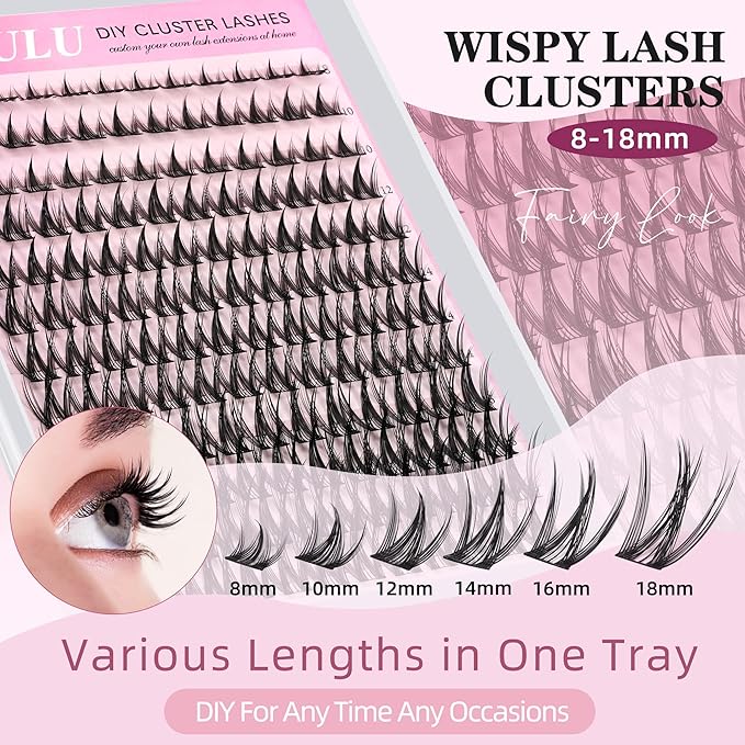 Uilulu Lash Cluster Kit 10-18mm Wispy Lash Clusters C Curl Eyelash Clusters, DIY Lash Extension Kit with Lash Bond & Seal, Lash Glue Remover, Lash Tweezers(U12 Lash Kit)