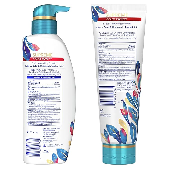 Head & Shoulders Anti-Dandruff Shampoo and Conditioner Set, Supreme Color Protect, 1% Pyrithione Zinc, Sulfate-Free, Argan Oil and Manuka Honey, 11.8 fl oz & 9.4 fl oz