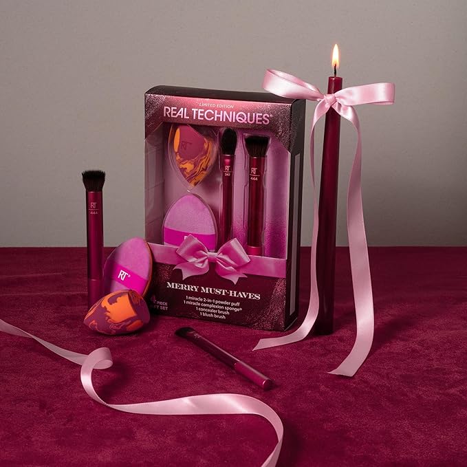 Real Techniques Merry Must-Haves Holiday Gift Set, 4 Piece Brush & Sponge Set for Foundation, Cheeks & Powder, Stocking Stuffer, Gift for Her, Cruelty-Free & Vegan