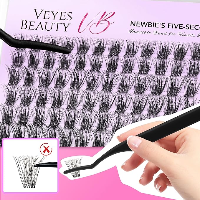 VEYESBEAUTY Lash Clusters Individual Eyelash Extensions Thin & Invisible Band DIY False Eyelashes for Self-application Newbie's Five-Second Series Wispy Lash Tray, Bomb 8-16mm Mixed Length