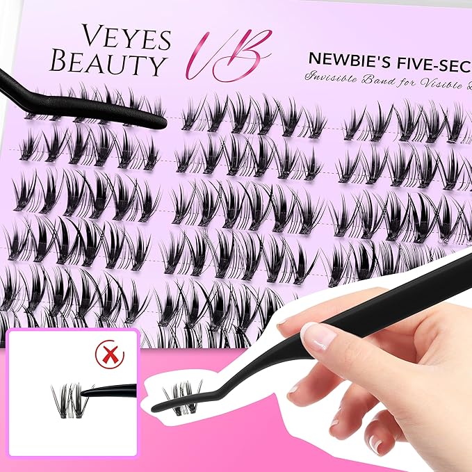 VEYESBEAUTY Lash Clusters Eyelash Extensions Thin & Invisible Band DIY Individual False Eyelashes Newbie's Five-Second Series Wispy Lash Tray for Self-application, Whisper Lashes 8-16mm Mixed Length