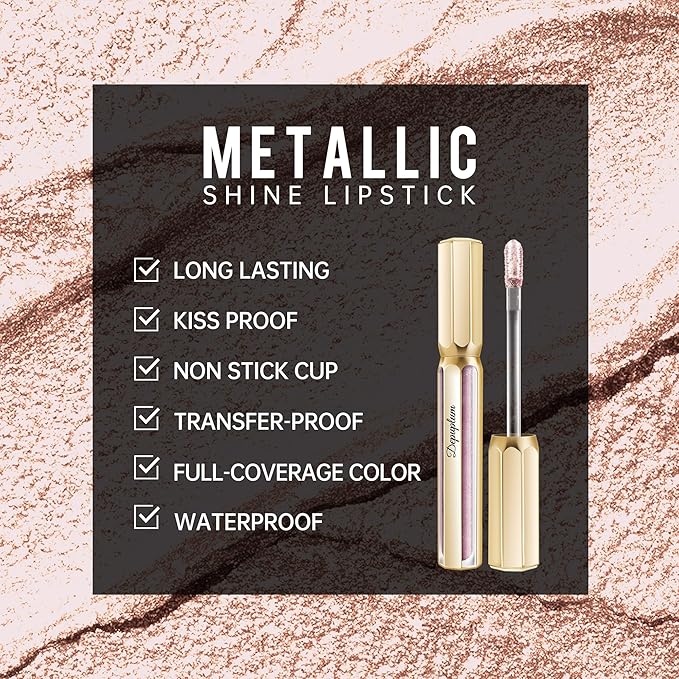 Depuplum Silver Lipsticks for Women Metallic Lipstick Long Lasting Shimmer Lip Gloss Metal Shine Glitter Waterproof Lipsticks Full Coverage Lip Color for Mother's Day,DP110 Moonlight