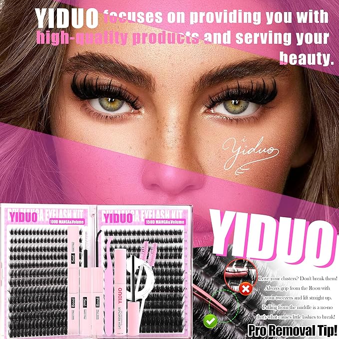 YIDUO Manga Lash Clusters Kit 481Pcs 3D Volume Fairy Cluster Eyelash Extensions Kit 100D+150D Wispy Lashes Clusters Anime Cosplay Individual Lash Clusters with Lash Bond and Seal | Removers