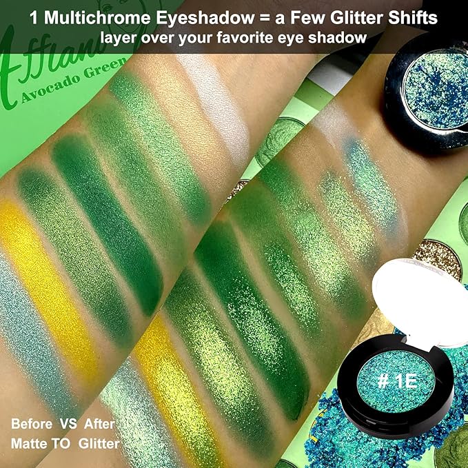 Afflano Single Green Eyeshadow Shimmery, Highly Pigmented Multichrome Eye shadow Color Changing, Sparkle Forest Green Glitter Eyeshadow Palette, Holographic Emerald Chrome Eye Shadow for Eye Makeup
