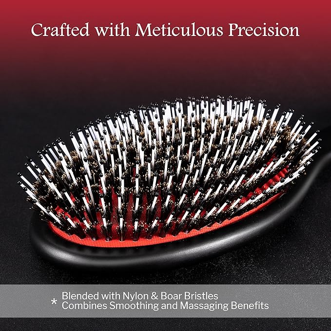 STYLEMATE Boar Bristle Hair Brush for Women Men, Stiff Nylon Pins and Natural Soft Boar Bristles for Thick & Fine Hair, Large Paddle Smoothing Hairbrush for Detangling, Defining, Shine