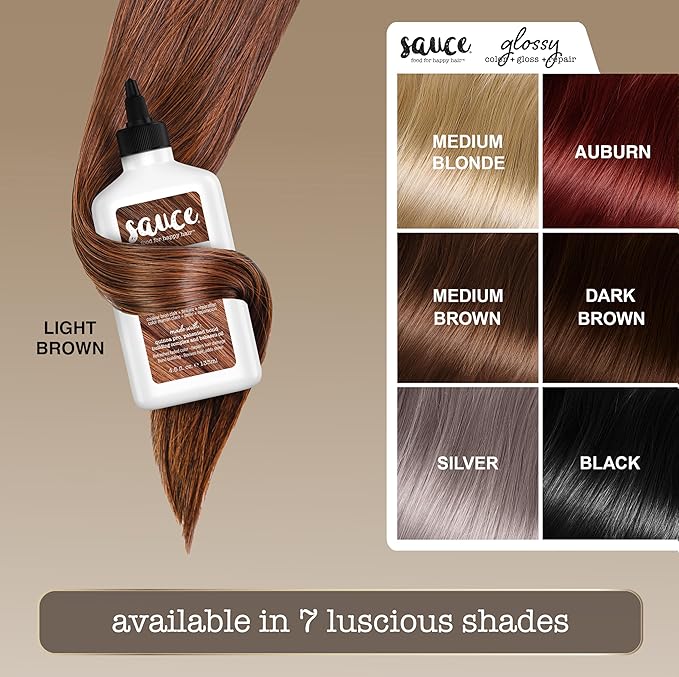Sauce Beauty Glossy Color + Gloss + Repair, Light Brown, Semi Permanent Hair Dye with Bond-Building and Color-Fade Protection Technology, Adds Shine & Deep Moisture, Lasts 4-8 Weeks, Stops Fade