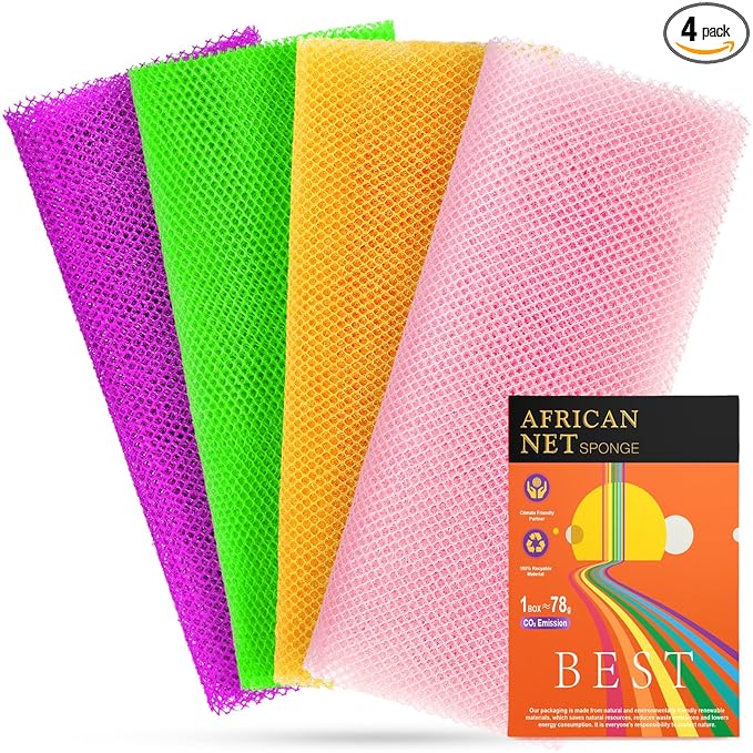 4 Pieces Exfoliating Washcloth Shower Towel African Net Sponge Japanese Wash Cloth Face Exfoliating Sponge Loofah Exfoliating Body Scrubber for Body Exfoliation (Purple, Pink, Green, Orange)