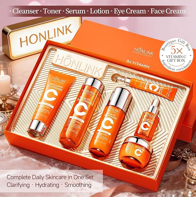 6-Piece Hydrating Skincare Set with Vitamin C & Niacinamide, Face Care Kit Includes Toner, Serum, Cleanser, Moisturizer, Eye Cream & Body Lotion | Mother’s Day Gift for Women