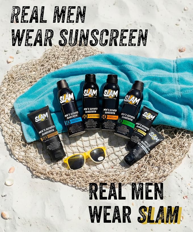 SLAM Men’s Sunscreen SPF 50 Spray - Broad Spectrum UVA/UVB Protection - Non-Greasy & No Harsh Chemicals - MysteryMan Sandalwood Tonka Bean Sage Cologne Scented - 2 Pack