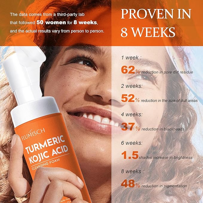 FluMisch Turmeric Kojic Acid Facial Cleanser, Brightening Foaming Face Wash with Soft Massage Heads, Kojic Acid Cleanser Exfoliating, Turmeric Cleansing for Dark Spots 4.23 oz