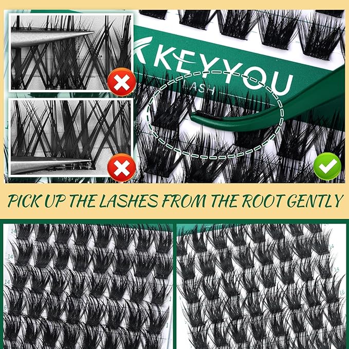Lash Clusters 96pcs Individual Lashes Y22 D Curl 12mm Eyelash Clusters KEYYOU Volume Wispy Lash Extension Soft&Comfortable Easy DIY at Home(Y22,D-12mm)