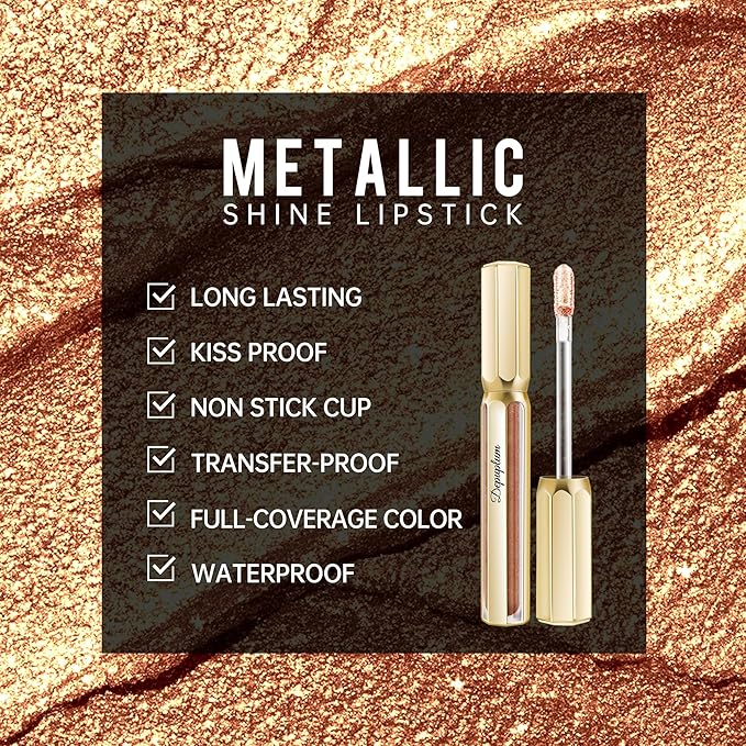 Depuplum Gold Lipsticks for Women Metallic Lipstick Long Lasting Shimmer Lip Gloss Metal Shine Glitter Waterproof Lipsticks Full Coverage Lip Color for Mother's Day,DP111 Ponyo