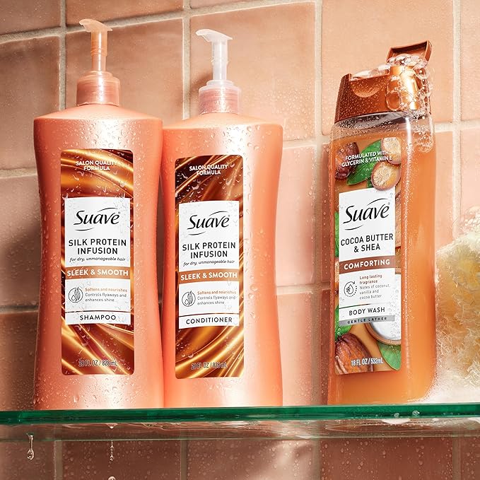 Suave Silk Protein Smooth & Sleek Shampoo for Dry, Unmanageable Hair, Anti-Humidity + 48HR Frizz Control, Enhances Shine, 28 FL OZ Pump, 4 Count