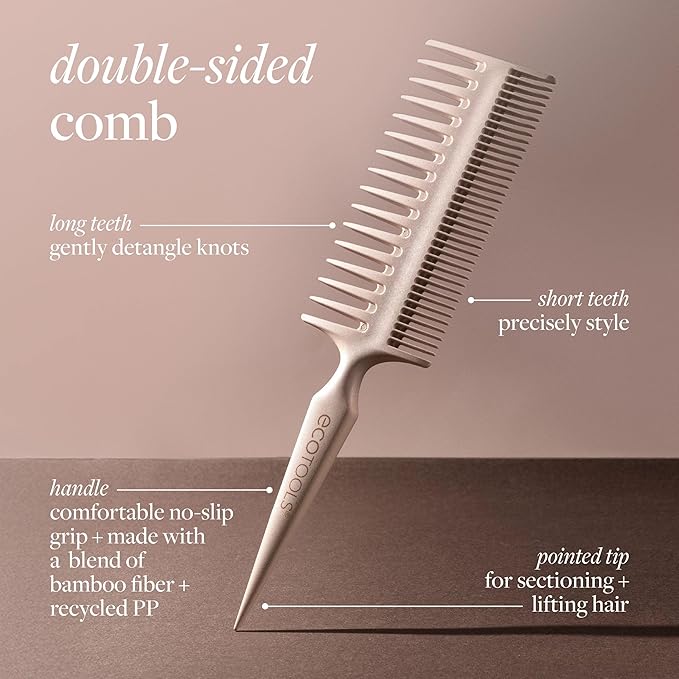 EcoTools Double-Sided Hair Comb, Wide-Tooth & Narrow-Tooth Sides For Detangling & Styling, Sectioning Tip, Bamboo Hair Comb for All Hair Types, Anti-Breakage, Vegan & Cruelty-Free, 1 Count