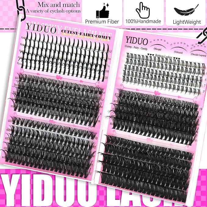 YIDUO Lash Clusters Kit with Spikes+Bottom Lashes Extensions 40D+60D+80D+100D Wispy Individual Cluster Eyelash Kit 600pcs Eyelash Cluster Extensions with Lash Bond and Seal Tweezers Remover