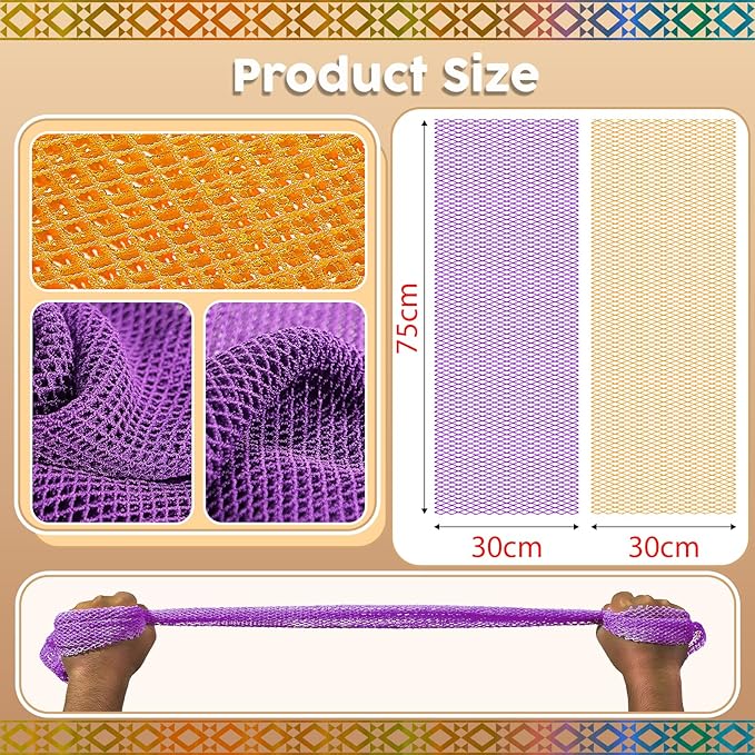 Authentic African Net Sponge - 2 Pieces Deep Clean Exfoliating Sponge - Soft Weave for Gentle Exfoliation, All-Skin-Type Shower Accessory (Purple Orange)
