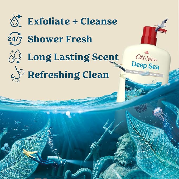 Old Spice Cleansing Body Wash for Men, 24/7 Shower Fresh with Lasting Scent, Exfoliate & Cleanse, Gentle on Skin, Vitamin B3, Deep Sea with Ocean Waves + Kelp Scent, 30 oz (Pack of 4)