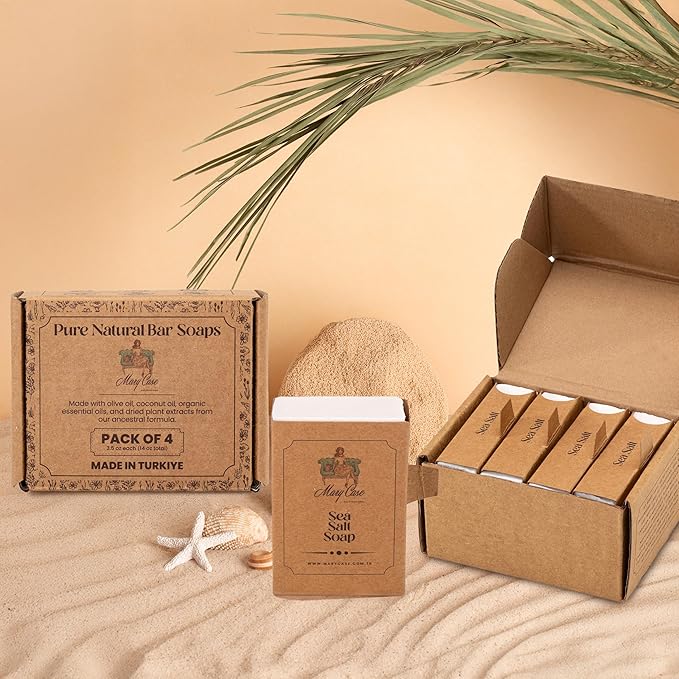 Mary Case Sea Salt Bar Soap Set of 4 | Natural Soap with Olive & Coconut Oils | Vegan Bath Soap for Men & Women | Exfoliating, Balancing Moisture & Mineral-Rich Nourishment