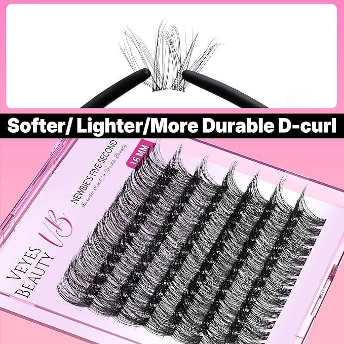 VEYESBEAUTY Lash Clusters Individual Eyelash Extensions Thin & Invisible Band DIY False Eyelashes for Self-application Newbie's Five-Second Series Wispy Lash Tray, Boldeye 16mm Single Length