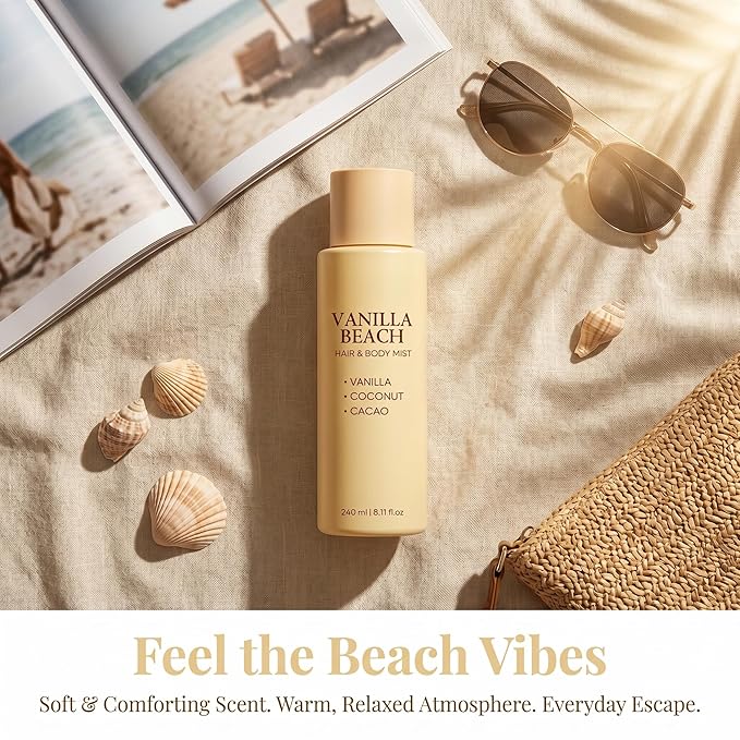 Vanilla Beach Hair and Body Mist - Vanilla Coconut Scented Personal Care Spray, Lightweight Daily Refresh Mist for Hair and Skin - 8.11 fl oz (3pcs)
