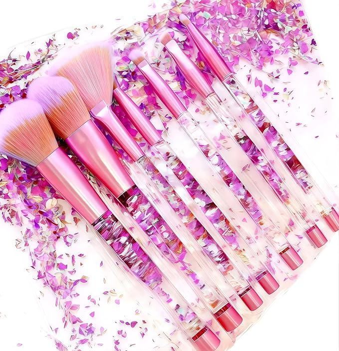 Sparkle Pink Makeup Brushes Set,Unicorn Glitter 7pc Foundation Blush Lip Nose Eyeshadow Eyebrow Loose Powder Fan Make Up Brushes Kit with Liquid for Kids Girls Teen Women Gift Present