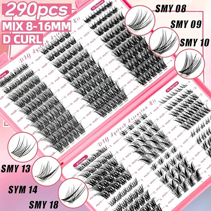 QUKLOGEN DIY Wispy Lash Extension Kit 570Pcs D Curl 6 styles Individual Lash Clusters Eyelash Extension with Lash Bond and Seal,Quick Glue Remover Tweezers Eyelash Brush Mini Applicator