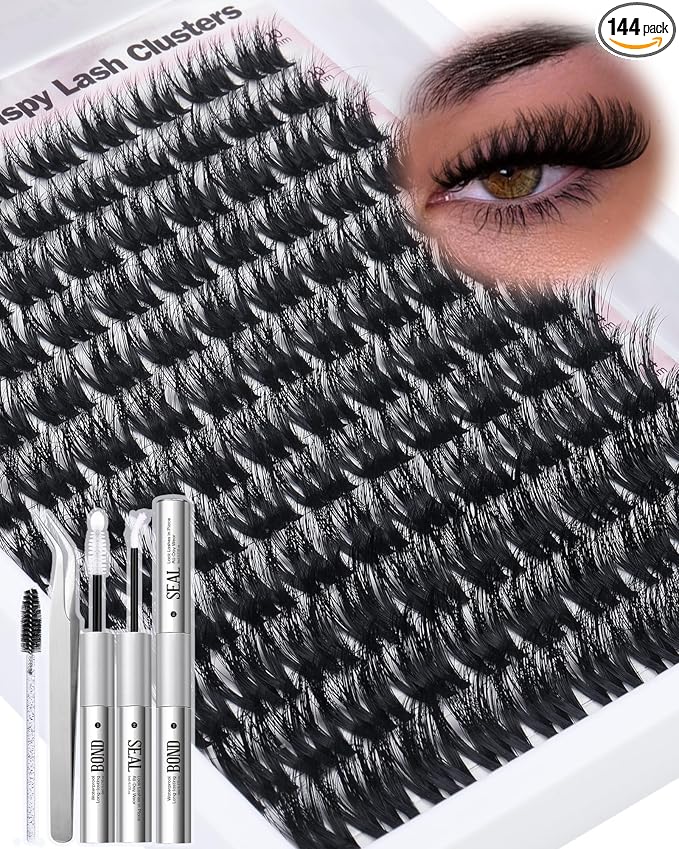 Goddvenus D Curl Fluffy Lash Clusters Kit – 144 PCS Thick Eyelashes Clusters, 10-18mm Wispy Lash Extension Natural Look, Waterproof Cluster Eyelash Extensions Kit for DIY False Eyelashes at Home