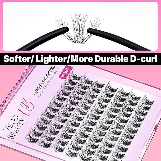 VEYESBEAUTY Lash Clusters Individual Eyelash Extensions Thin & Invisible Band DIY False Eyelashes for Self-application Newbie's Five-Second Series Wispy Lash Tray, Bomb 10mm Single Length