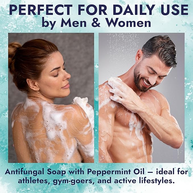 Antifungal Soap Infused with Peppermint Essential Oil | Medicated Tolnaftate 1% Soap for Itchy Skin, Athlete’s Foot, Ringworm & Jock Itch Treatment | Spearmint Freshness Bars Pack of 2 with Scrubber