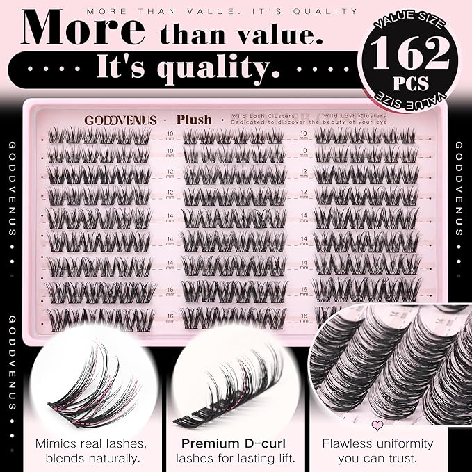 Goddvenus Plush Lash Clusters Natural Wispy Cluster Eyelash Extensions, Fluffy DIY Lash Extension at Home for Natural Look, D Curl Individual Eyelashes