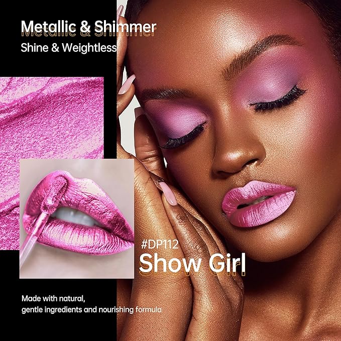 Depuplum Hot Pink Lipsticks for Women Metallic Lipstick Long Lasting Shimmer Lip Gloss Metal Shine Glitter Waterproof Lipsticks Full Coverage Lip Color for Mother's Day,DP112 Show Girl