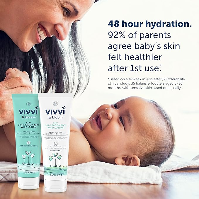 VIVVI & Bloom 2-in-1 Baby Lotion, Face and Body, for Delicate & Sensitive Baby Skin, Hypoallergenic Lotion, Fragrance Free, 8.5 oz (Pack of 1)