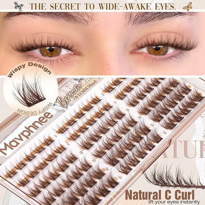 8-10-12MM Brown Lash Clusters Short Eyelash Clusters Wispy Fluffy Cluster Lashes Extensions Dark Brown Natural Cluster Eyelash Extensions C Curve DIY Lash Pack