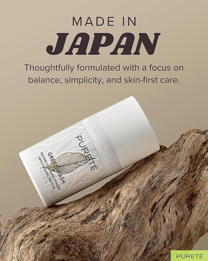 Pureté Greenwash Enzyme Cleansing Powder for Face | Ceremonial Matcha Powder-to-Foam Cleanser | Water-Activated Gentle Exfoliating Face Wash | Made in Japan | 1.4 oz