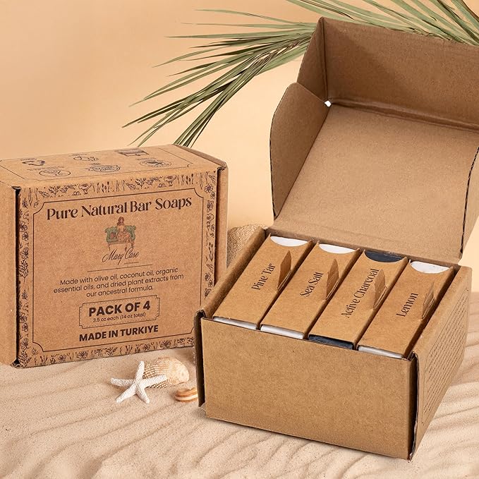 Mary Case Variety Bar Soap Set of 4 | Charcoal, Pine Tar, Sea Salt & Lemon | Natural Soap with Olive & Coconut Oils | Vegan Bath Soap for Men & Women | Hydrating & Nourishing Skin
