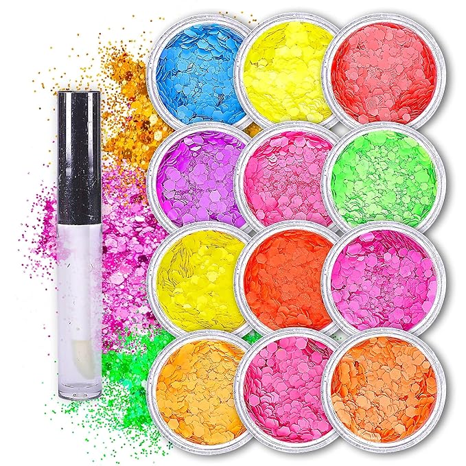 Body Glitter Set for Face & Hair – 12 Neon Colors Chunky Holographic Festival Glitter Makeup with Glue – Rave, Concert, Euphoria Looks, Cosmetic Grade Glitter