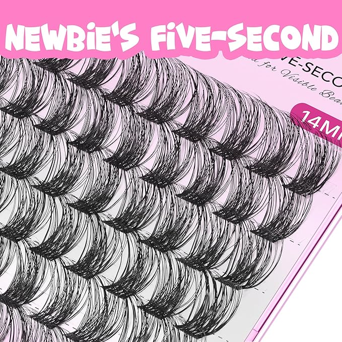 VEYESBEAUTY Lash Clusters Individual Eyelash Extensions Thin & Invisible Band DIY False Eyelashes for Self-application Newbie's Five-Second Series Wispy Lash Tray, Bomb 14mm Single Length