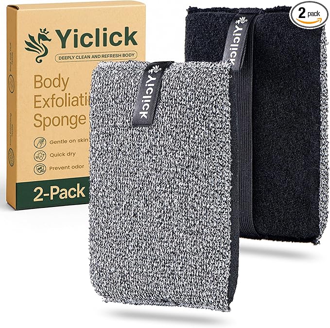 Yiclick Exfoliating Body Scrubber (2 Pack), Body Scrubber Exfoliator, Exfoliating Sponge for Shower Bath, Shower Loofah Luffa Lufa with Handle for Men Women, Dead Skin Exfoliator for Body Scrub