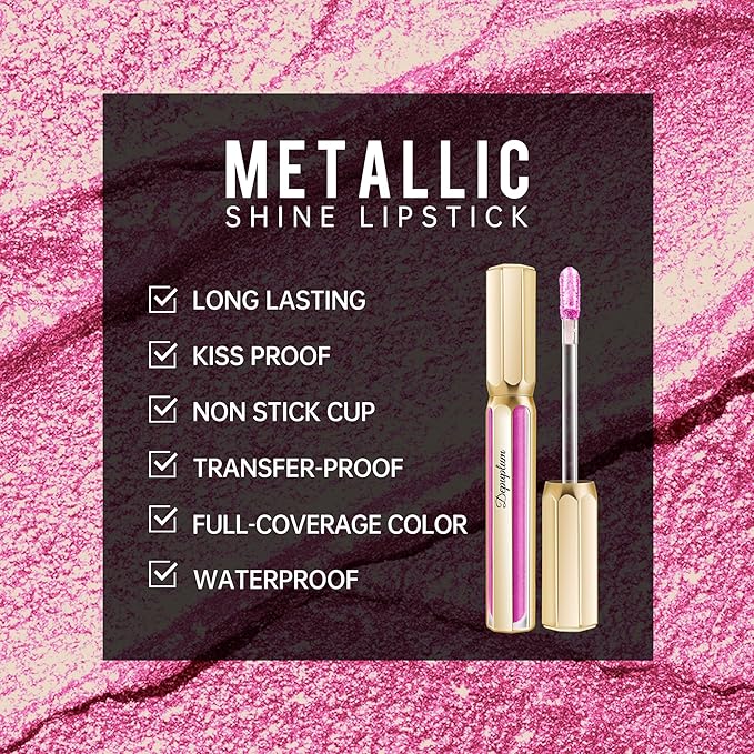 Depuplum Pink Lipsticks for Women Metallic Lipstick Long Lasting Shimmer Lip Gloss Metal Shine Glitter Waterproof Lipsticks Full Coverage Lip Color for Mother's Day,DP119 Princess