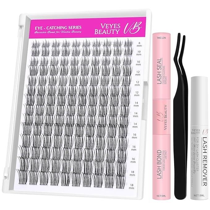 VEYESBEAUTY Sweetie Lash Clusters Kit Individual Lash Extensions Eye-Catching Series DIY Dramatic Eyelash Wispy Faux Mink Lash Mixed Length Tray with Bond & Seal, Applicator at Home