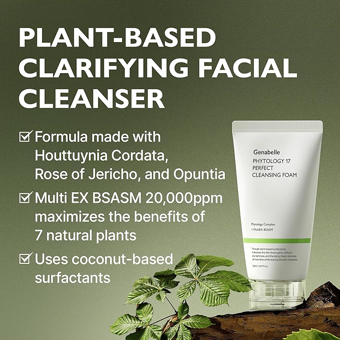 Genabelle Phytology 17 Perfect Cleansing Foam – Skin-Soothing Gentle Coconut-Derived Cleanser, Luxurious Rich Foam for Deep Pore Cleansing & Soothing Sensitive Skin