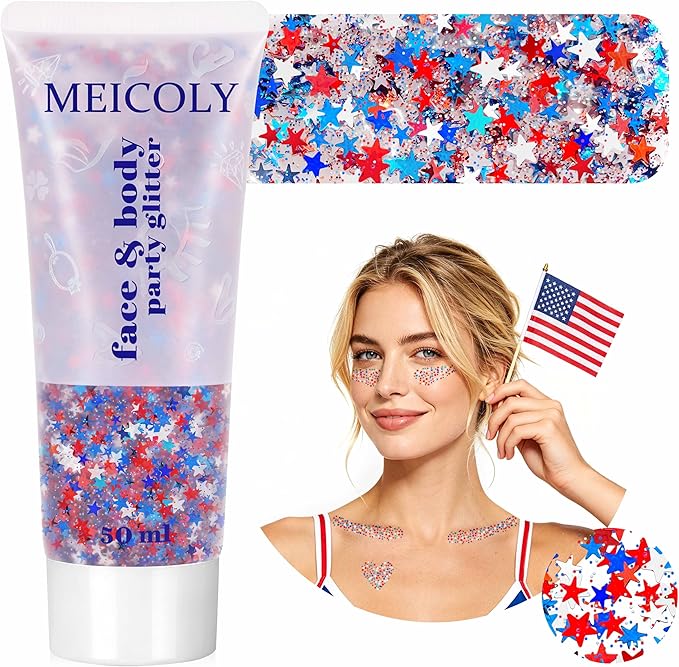 MEICOLY 50g Star Shaped Red White and Blue Body Glitter Face Glitter Gel, Patriotic Accessories Hair Glitter for 4th of July Outfits for Women, Fourth of July USA Accessories for Independence Day