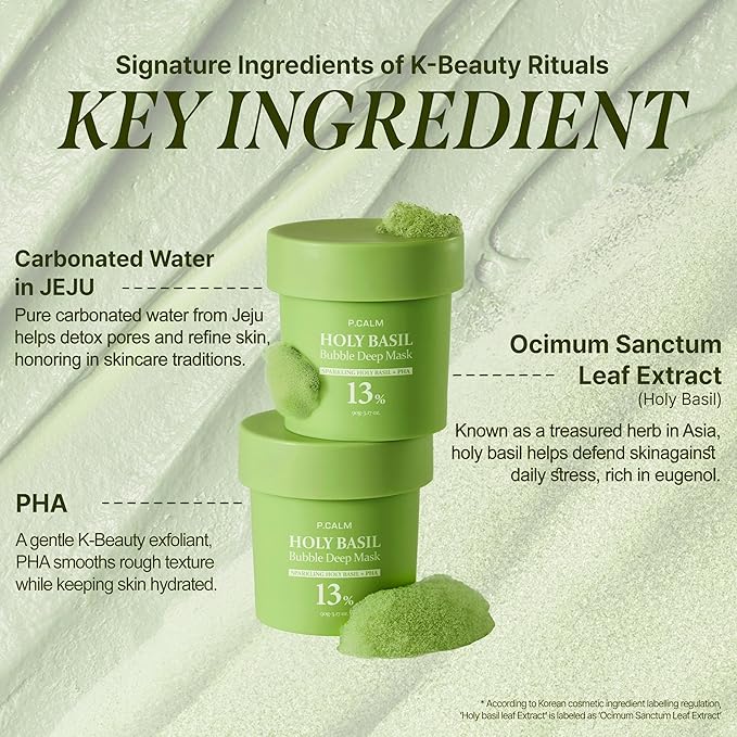 P.CALM Holy Basil Bubble Deep Mask + BRUSH – Holy Basil & Carbonated Water for Cleansing Pores & Blackheads, Korean Clay to Bubble Wash-Off Pack, Stocking Stufffers (90g / 3.17 oz)
