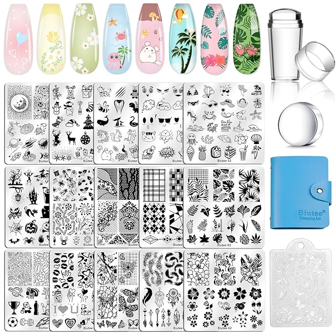 Biutee Nail Stamping Plates Set 15PCS Nail Art Stamper Scraper Nail Art Stamping Kit with Storage Bag Gift Box Nail Stamp Template Kit Lace Flower Butterfly Star Holiday Design